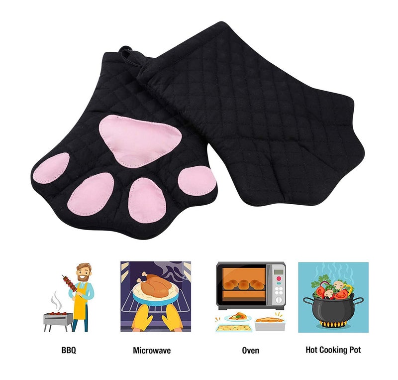 Feb.7 Oven Mitts,Cat Design Heat Resistant Cooking Glove Quilted Cotton Lining- Heat Resistant Pot Holder Gloves for Grilling & Baking Gloves BBQ Oven Gloves Kitchen Tools Gift Set BBQ,Microwave (Black) - Image 4